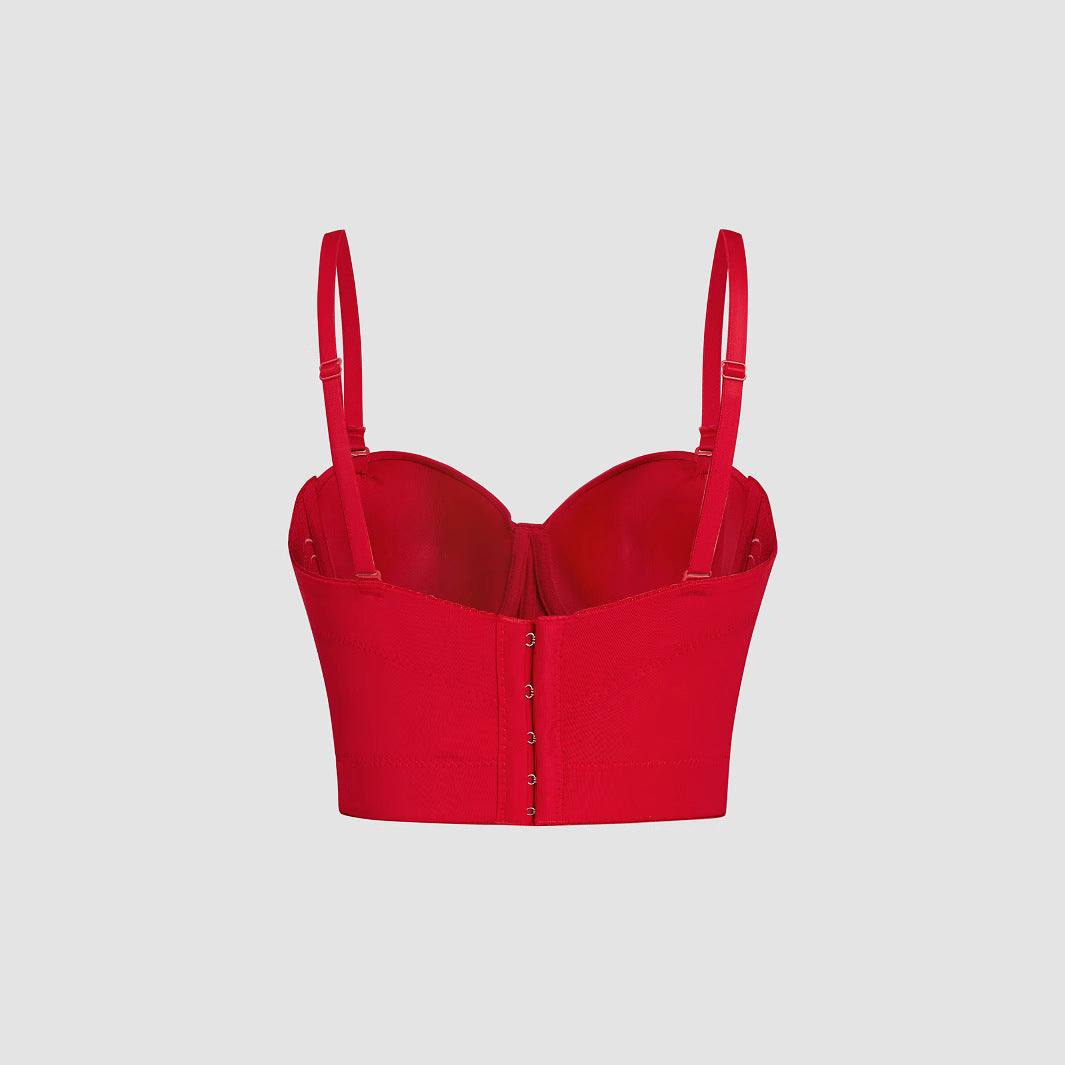 Elastic Red Bone Chest Support Sequin Embroidered Strap Camisole