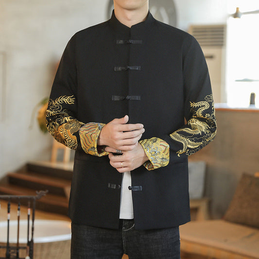 Chinese Style Men's Fashion Wear Jacket Stand Collar Buckle Turned Cuff Dragon And Phoenix Embroidery