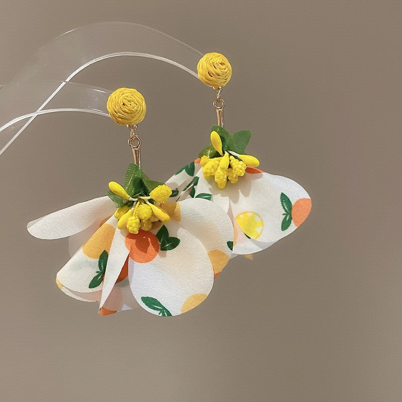 Silver Needle Fabric Flower Pendant Earrings For Women