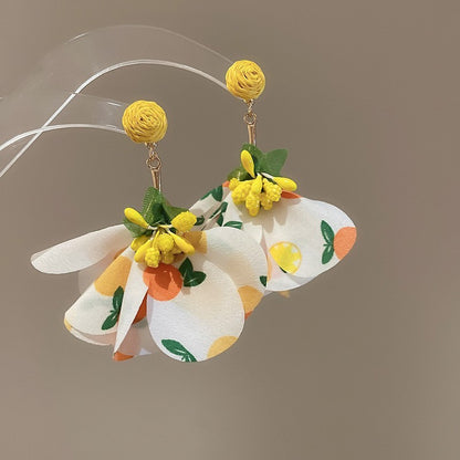 Pendientes colgantes de flores de tela con aguja de plata para mujer