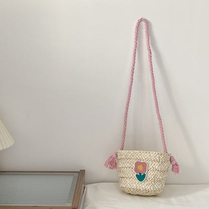 Bolso bandolera infantil de punto hecho a mano con paja