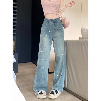 Pantalones vaqueros rectos de perla, cintura alta, ajustados, de pierna ancha, para mujer