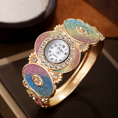 Reloj de cuarzo para mujer con diseño de flor y hoja de diamante ovalado