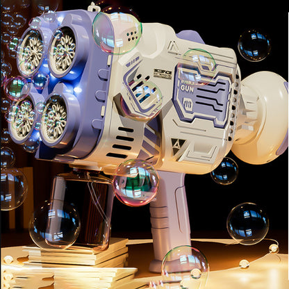 Pistola de burbujas, cohete, máquina de burbujas de jabón, lanzador espacial eléctrico que sigue produciendo burbujas con luz LED.