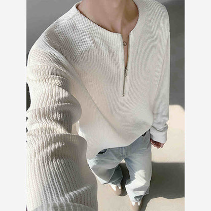 New Texture Sense Henry Collar Half Zipper Sweater For Men