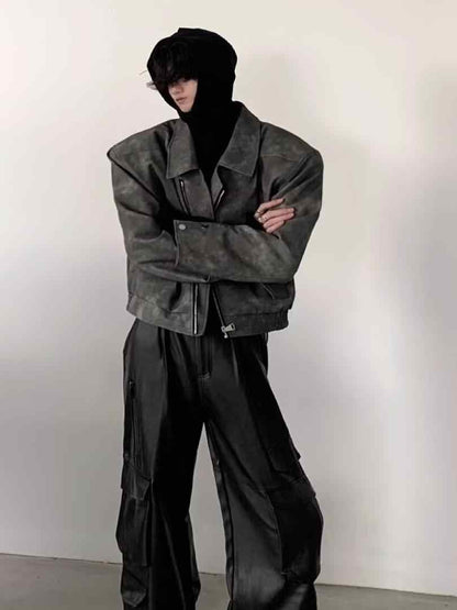 Chaqueta de piloto de cuero marrón con hombros acolchados cortos para hombre