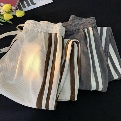 Striped Contrast Color Corduroy Casual Pants Men - BAGMODA