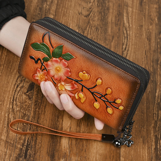 Leather Double Zipper Long Wallet