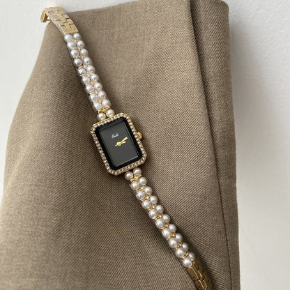 Silber Schwarz Quadrat Perle Armband Diamant Mode Quarzuhr