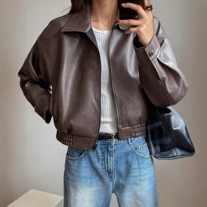 Leder Retro Jacke Langarm Ledermantel