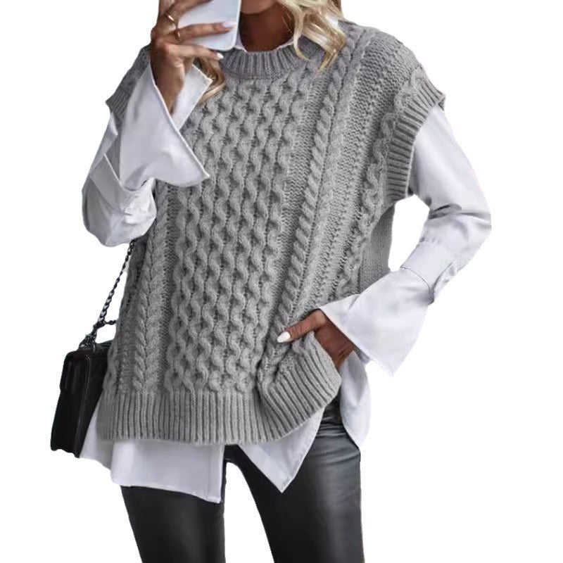 Women's Round Neck Sleeveless Knitwear Twist Thread Sweater