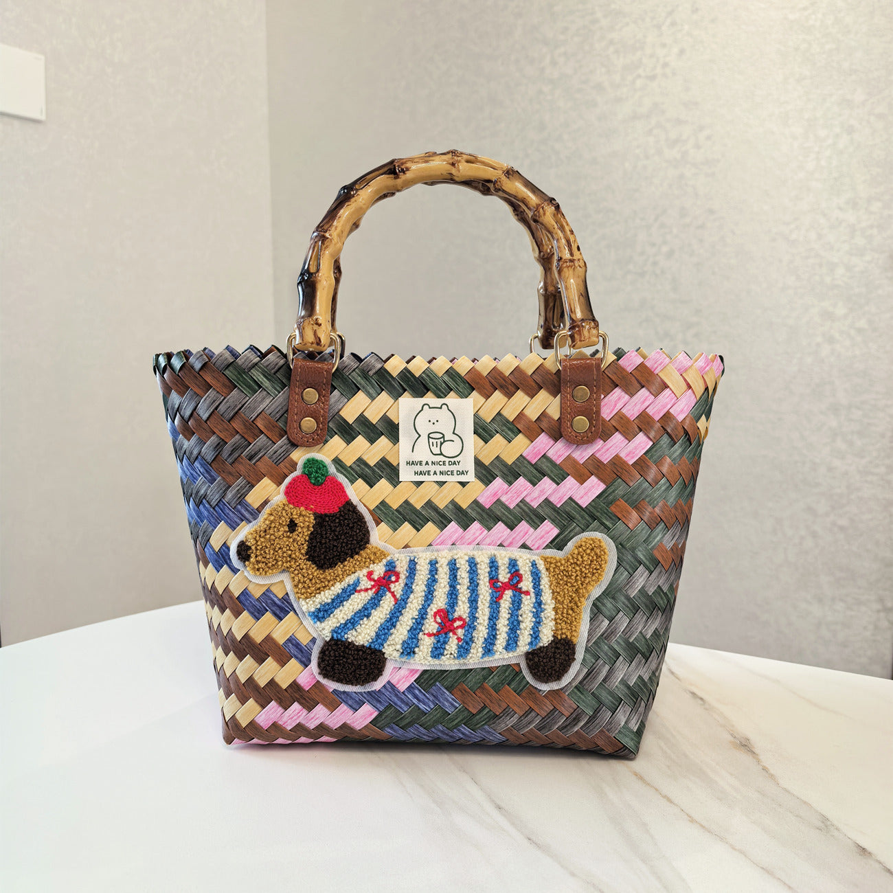 Vintage Stripe Sausage Dog Woven Bag