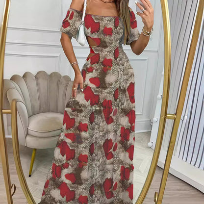 Vestido largo estampado de manga corta con cuello de una sola línea y cintura hueca para vacaciones de verano para mujer