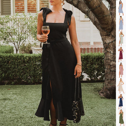 Temperamentvolles Hosenträger-Split-Kleid mit Schnürdesign, modische Sommer-Strandkleider mit Rüschen für Damen