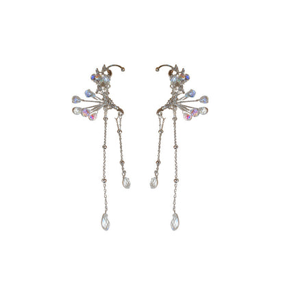 Pendientes colgantes con borla de cristal y mariposa de diamante sin perforaciones