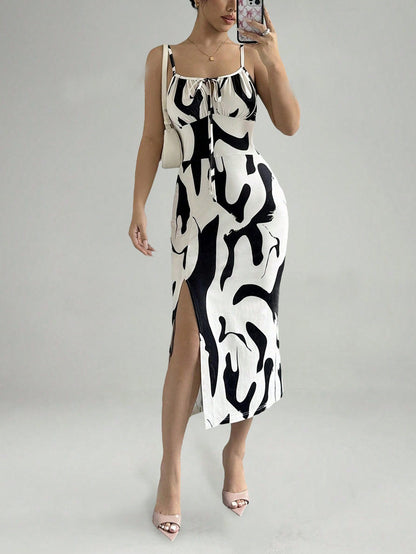 Vestido largo ajustado con cordones y estampado de verano para mujer