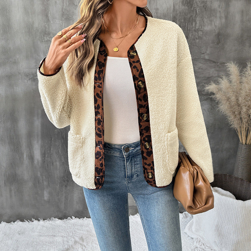 Women's Leopard Print Contrast Color-side Cardigan Thickened Polar Fleece Jacket