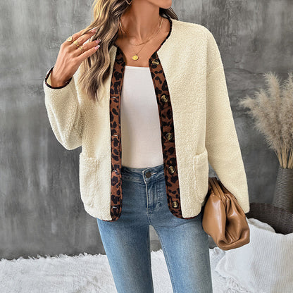 Strickjacke mit Leopardenmuster und Kontrastfarben an den Seiten für Damen, dicke Polarfleecejacke