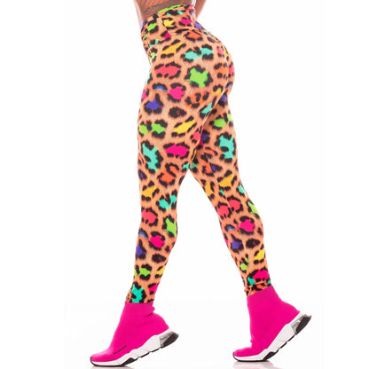 Pantalones de yoga con estampado de leopardo colorido que absorben la humedad y hacen ejercicio, leggings para mujer que muestran la cadera.