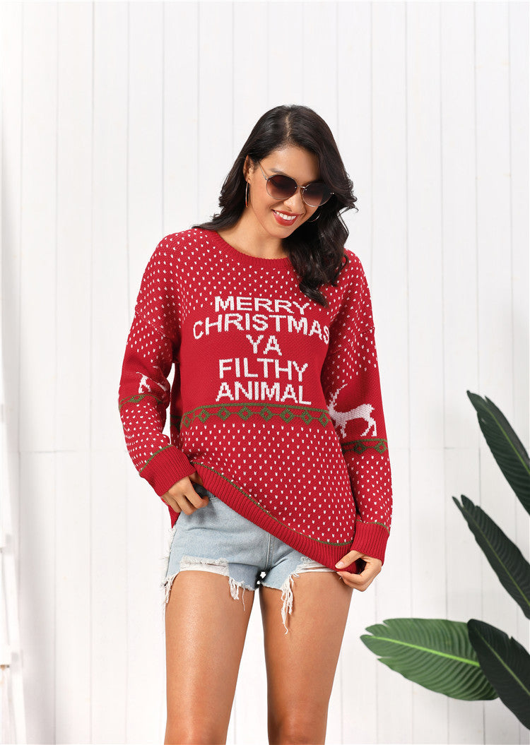 Women's Clothing Amazon Hot Knitwear Letter Deer Loose Plus Size Mid-length Sweater