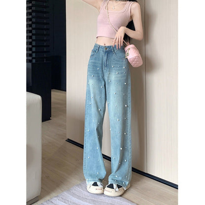 Pantalones vaqueros rectos de perla, cintura alta, ajustados, de pierna ancha, para mujer