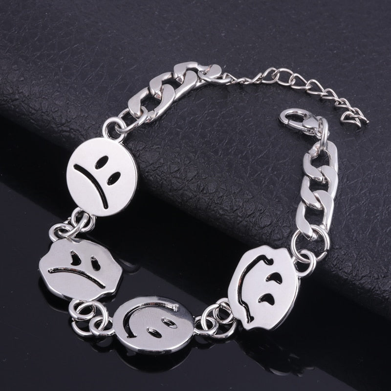 Fashion Happy Smiley Crying Face Charm Bracelet Hip Hop Thick Chain Bangle Bracelets for Women Men Jewelry Accessories