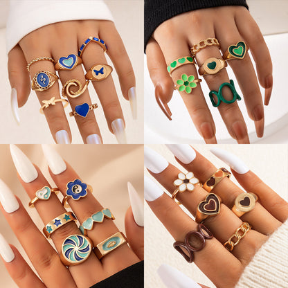 Europäischer und amerikanischer Liebesöl-Tropfring, sechsteiliges Set, geometrischer Blumenring-Set-Anzug