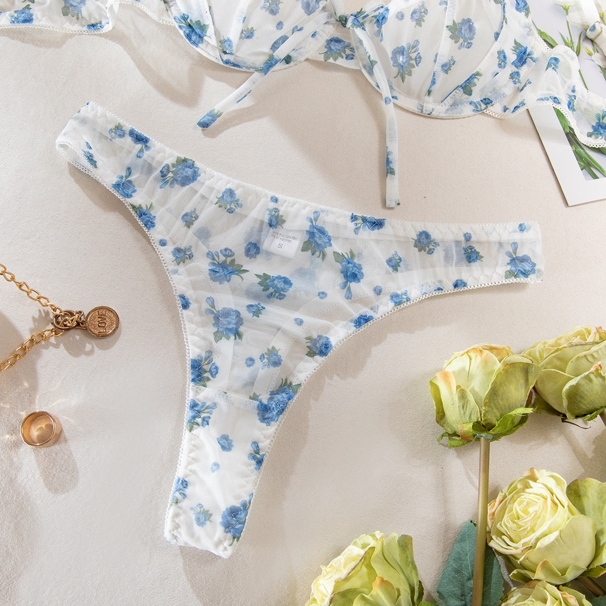 Cross-border New Floral Separated Bra Set Sexy Temptation Ultra-thin Mesh Print Transparent Erotic Underwear - BAGMODA