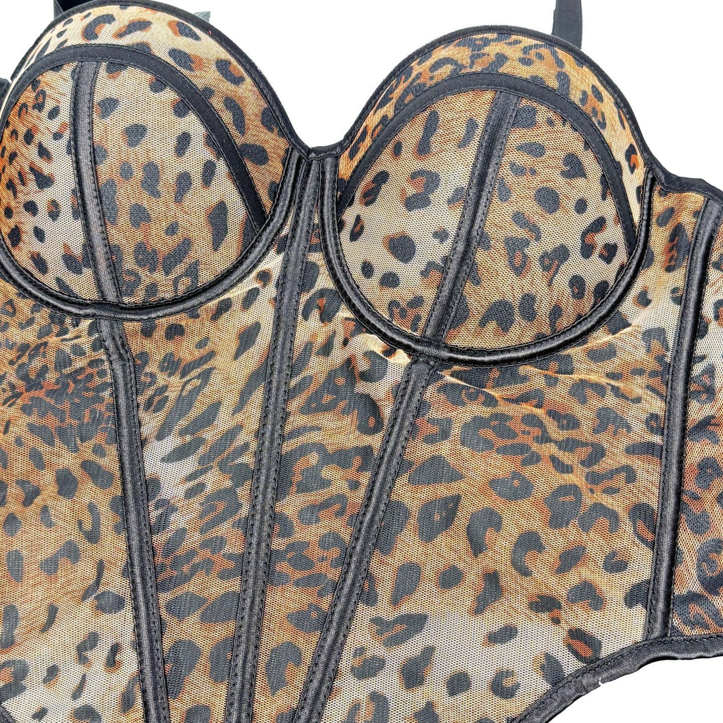 Sexy Leopard Print Splicing Bralette with High-End Mesh Lace Sheer Outerwear Boned Bustier