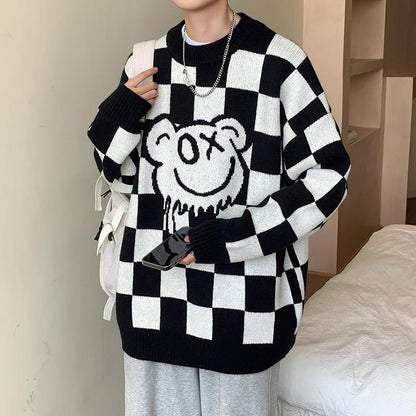 Autumn And Winter Loose Chessboard Round Neck Sweater Male