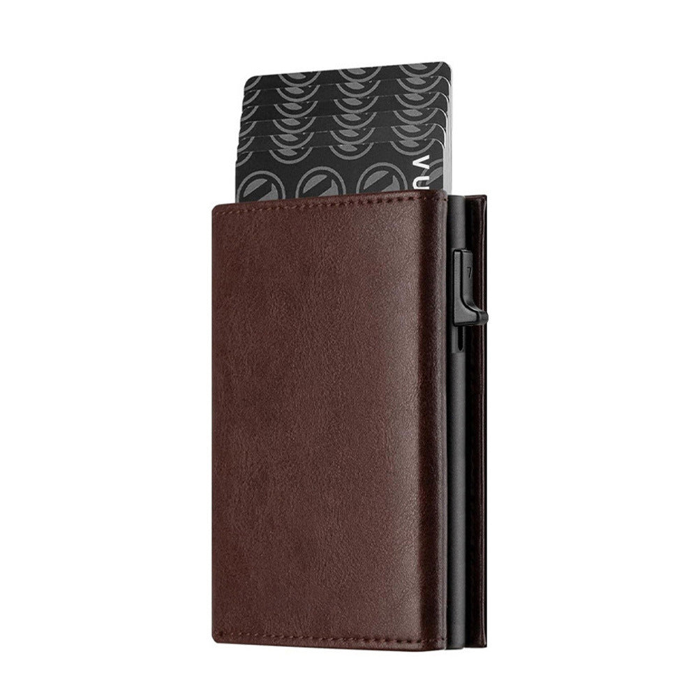 Oil Wax Leather Aluminum Alloy Automatic Pop-up Cassette Multi-function Large Capacity Metal Wallet