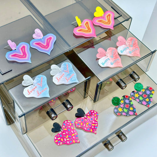Color Printing Love Heart Acrylic Earrings