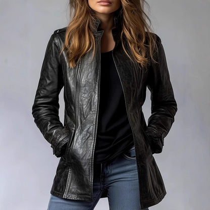 Chaqueta de cuero desgastada de manga larga con cuello alto para mujer