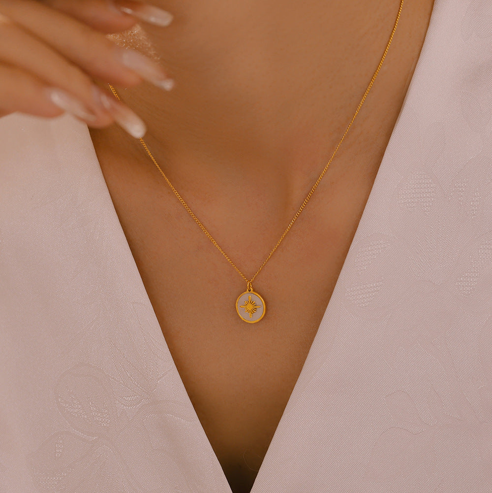 Vintage XINGX Water Shell Round Plate Pendant Necklace Titanium Steel 18K Gold Plated Clavicle Chain