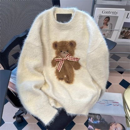 Weißer Pullover mit Bären-Jacquard-Strickwaren für Damen