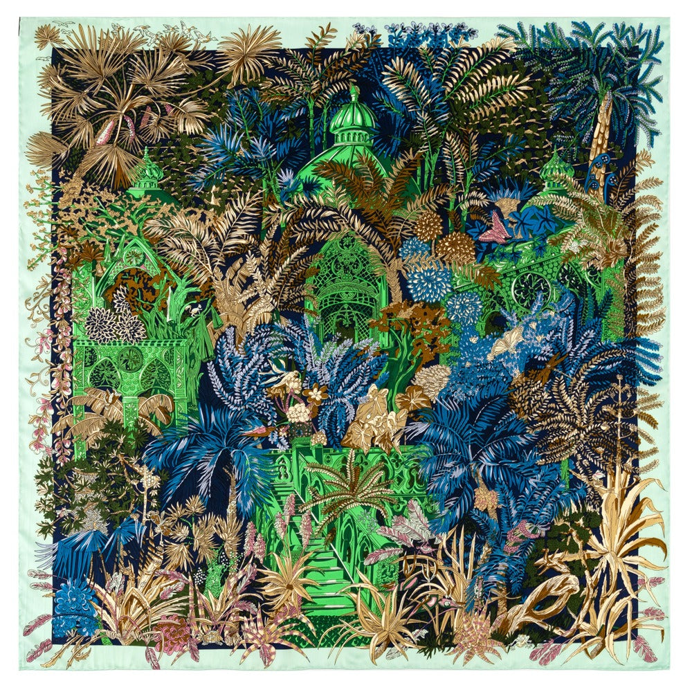 Twill silk square scarf jungle castle print scarf - BAGMODA