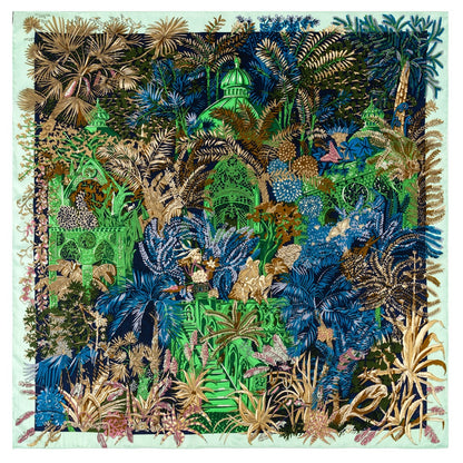 Twill silk square scarf jungle castle print scarf - BAGMODA