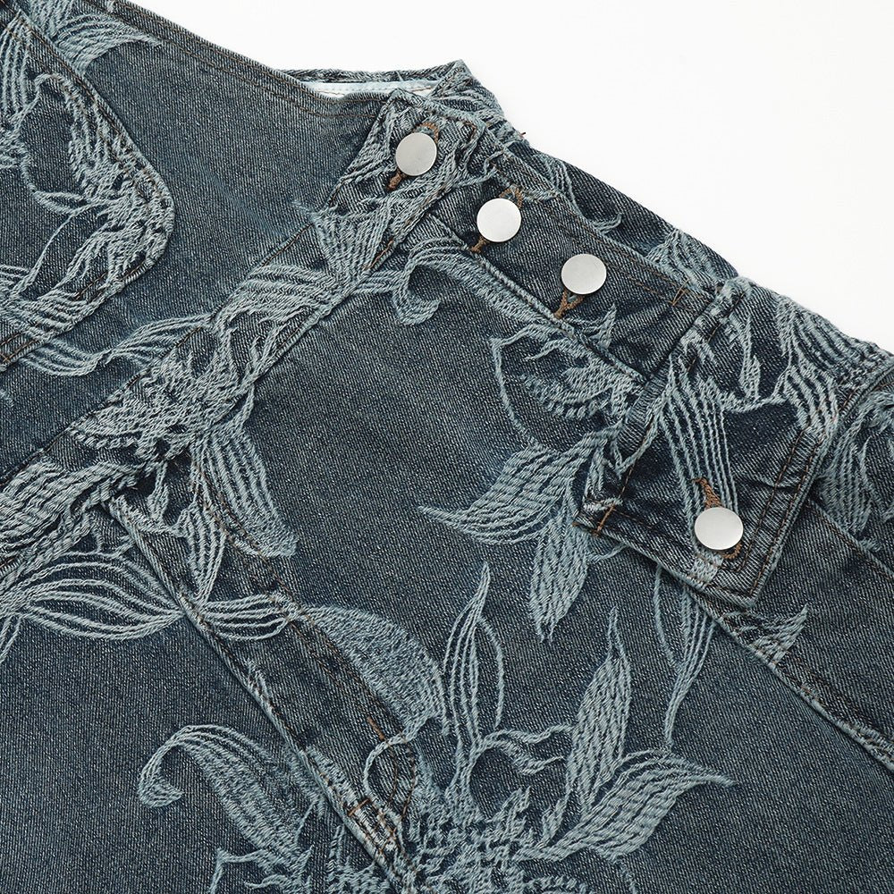 Flower Jacquard Denim Suspender Pants Men - BAGMODA