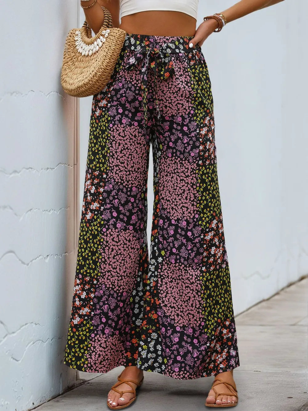 Lace up leopard print high waisted wide leg pants for women - BAGMODA