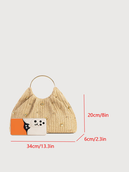 Damenmode, einfarbig, Strohgewebte Handtasche
