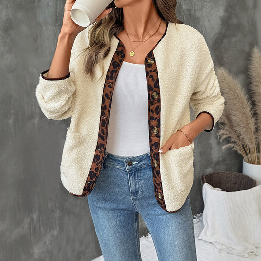 Women's Leopard Print Contrast Color-side Cardigan Thickened Polar Fleece Jacket
