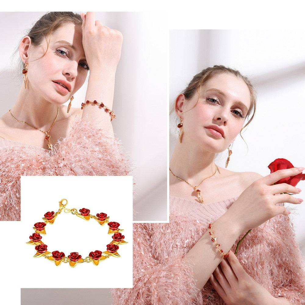 U7 Bracelet Red Rose Flowers Wrist Chain Charm Mother's Day Gift For Women Wedding Party Jewelry Bridesmaid Bracelets