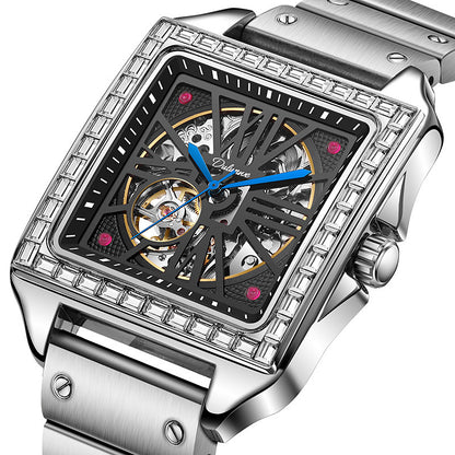 Nuevo reloj automático con diseño cuadrado y incrustaciones de diamantes