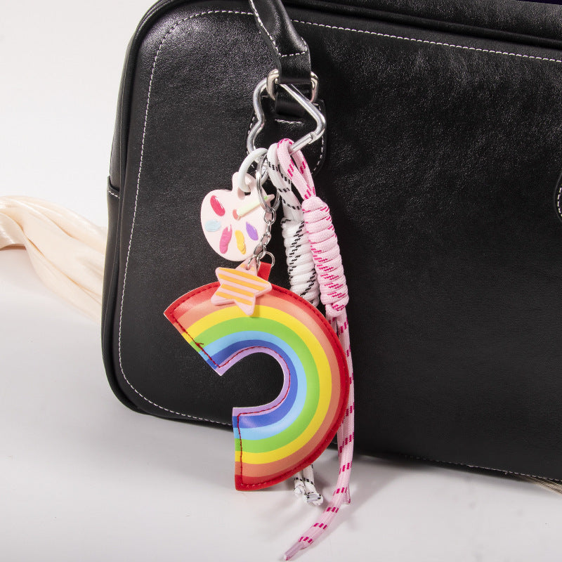 Ins Leather Cotton-filled Rainbow Palette Ornaments Braided Rope Handbag Pendant