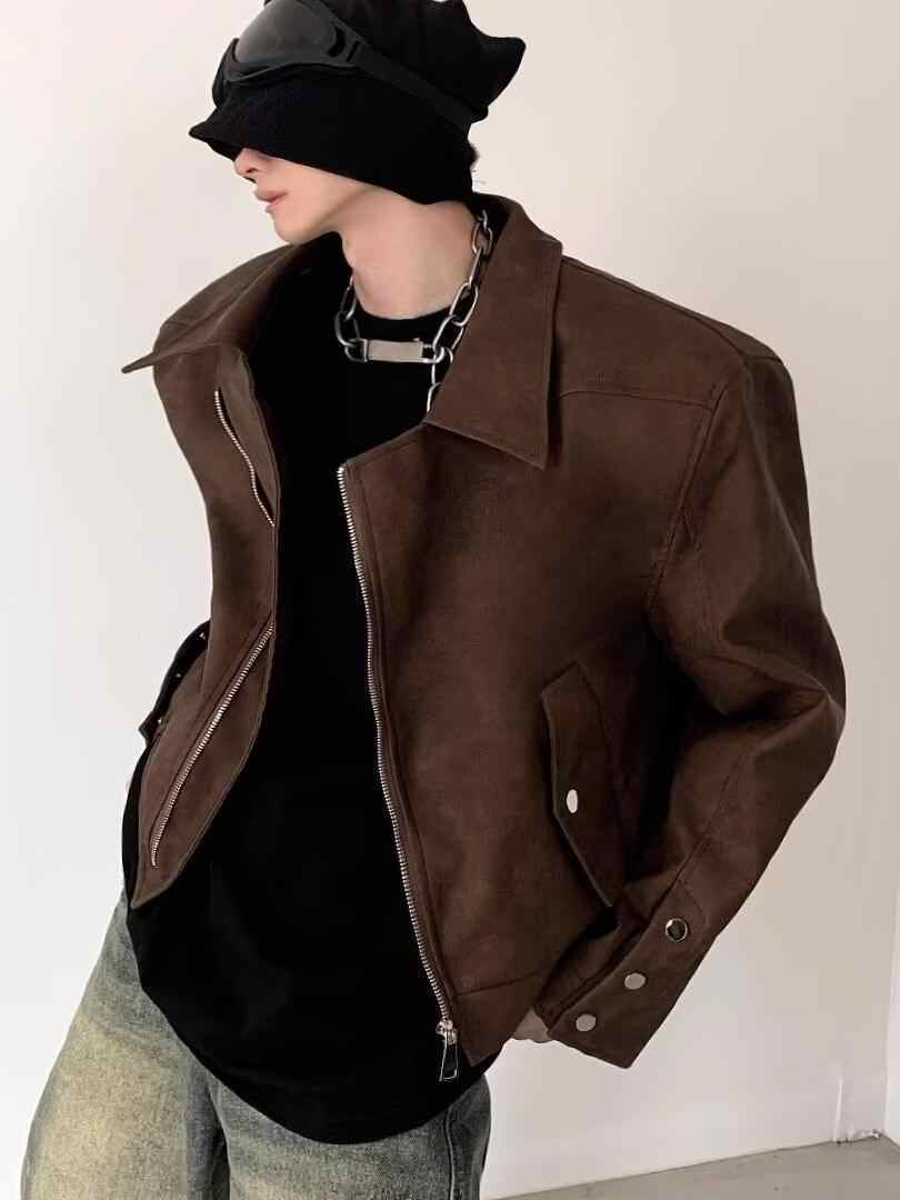 Short Padded Shoulder Brown Leather Coat Men's Pilot Jacket