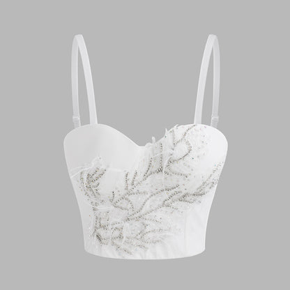 Bralette sexy de espiga con adornos de diamantes de imitación y cuentas
