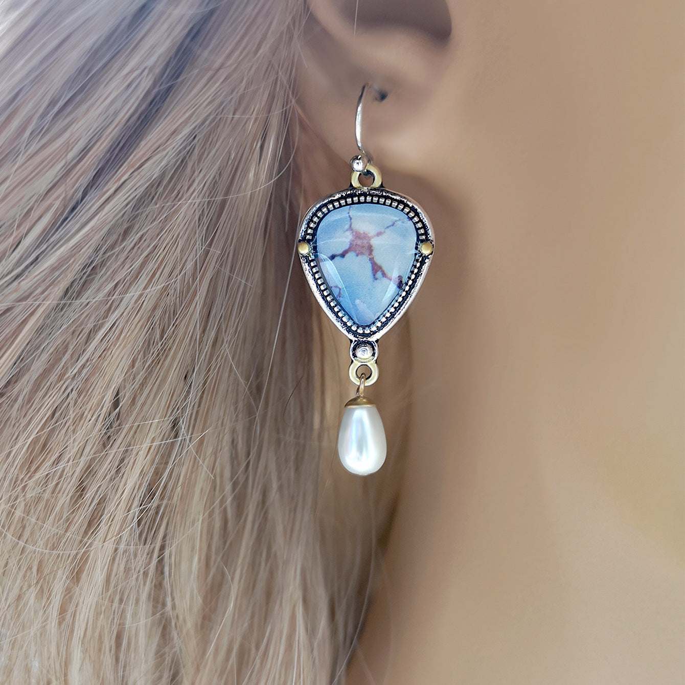 European And American Lavender Turquoise And Pearl Drop Earrings