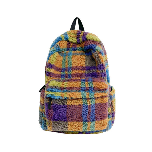 Niche – Retro-Rucksack aus Plüsch mit Karomuster und neuer Lammwolle