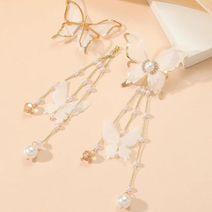 Pendientes de perlas con borlas de mariposa, encaje, diamantes de imitación y perlas