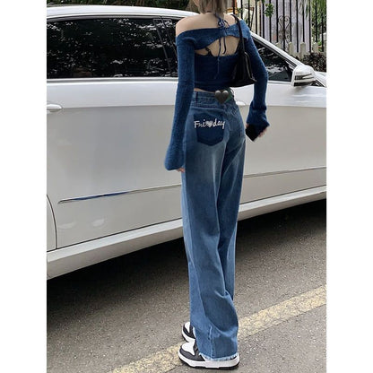 Pantalones vaqueros rectos de perla, cintura alta, ajustados, de pierna ancha, para mujer